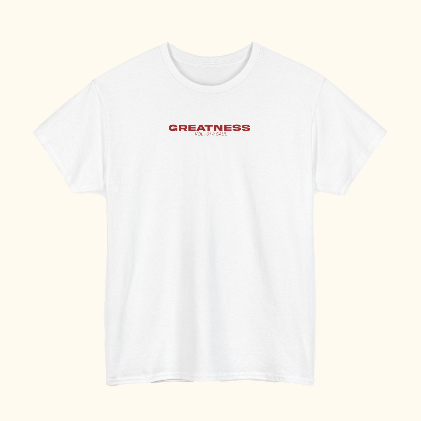 White t-shirt with 'GREATNESS' text on the chest